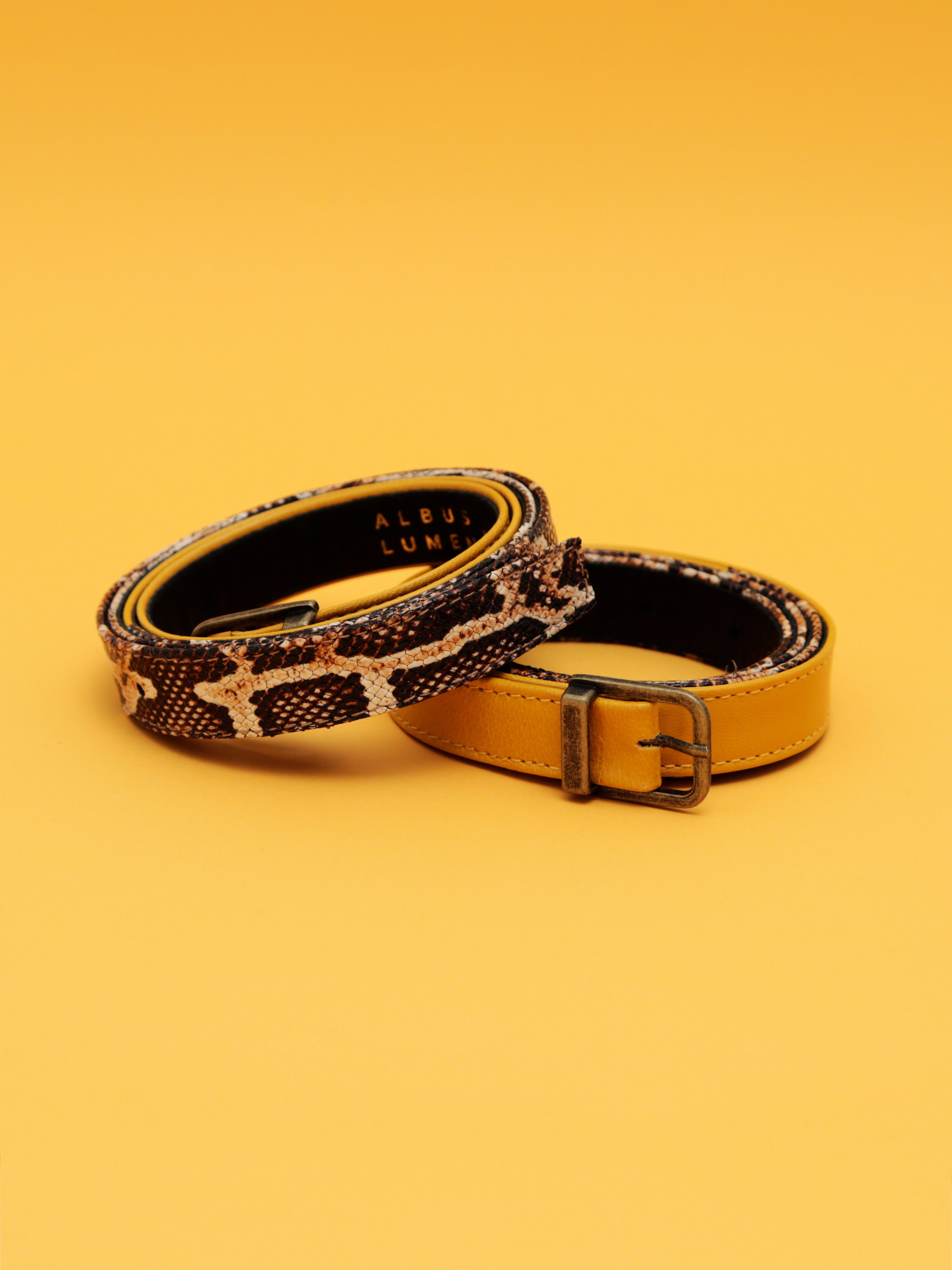 Double color belt set III - in brown snake and yellow leather