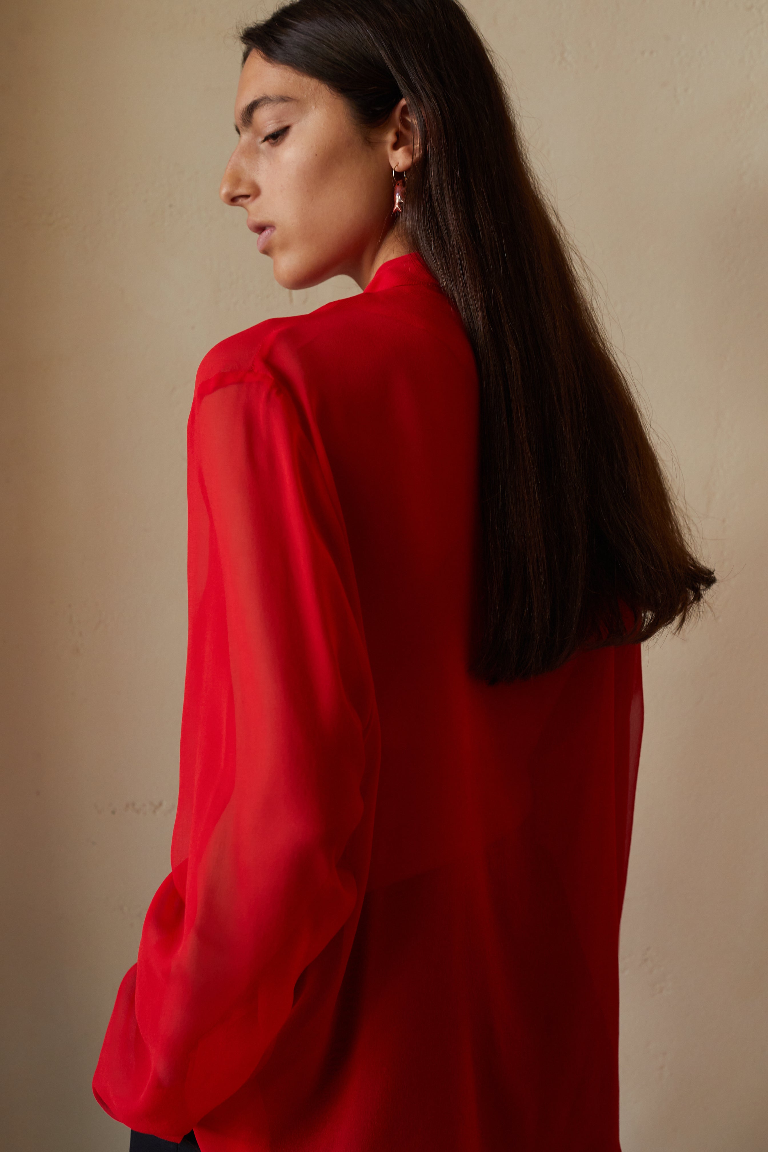 Scarf tie long sleeve blouse in red silk